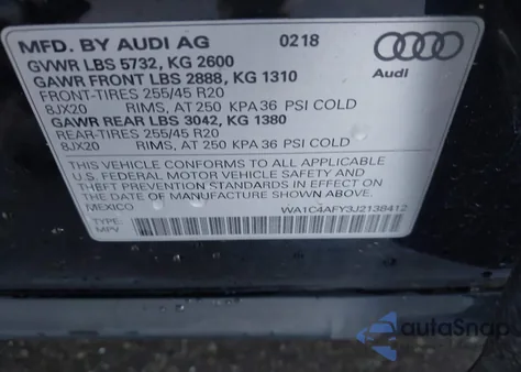 2018 Audi Sq5 3.0T Premium Plus из США, поврежденный, VIN WA1C4AFY3J2138412